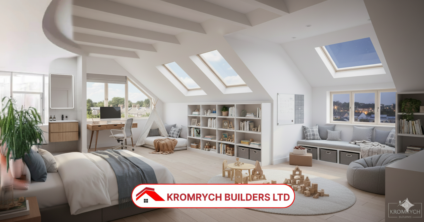 Modern loft conversion with skylights and stylish bedroom design by Kromrych Builders UK